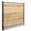 Panneau de clôture lame bois avec poteaux gris et plaque béton