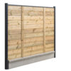 Panneau de clôture lame bois avec poteaux gris et plaque béton